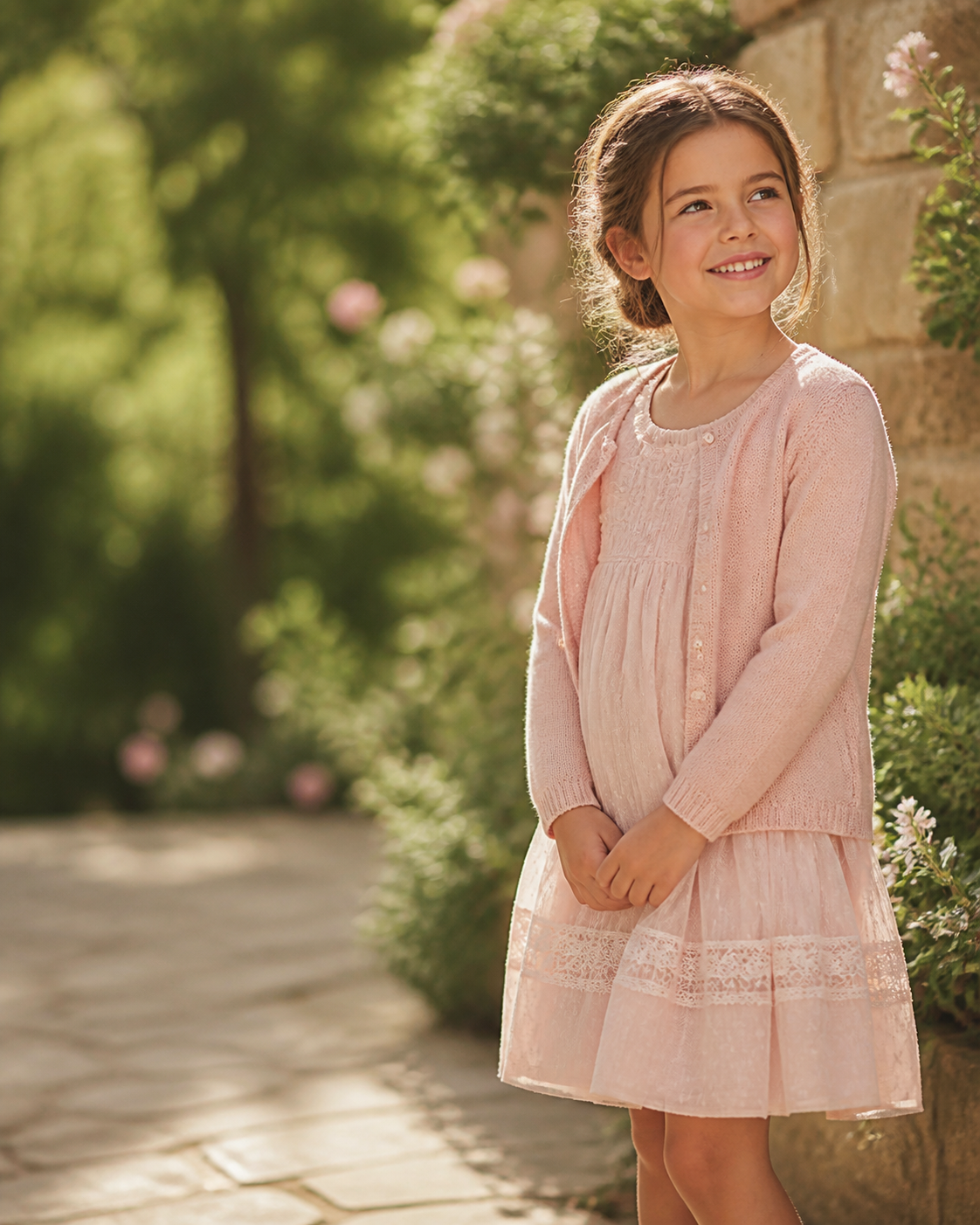 Niña con vestido rosa en jardín, imagen temporal de categoría Gremay