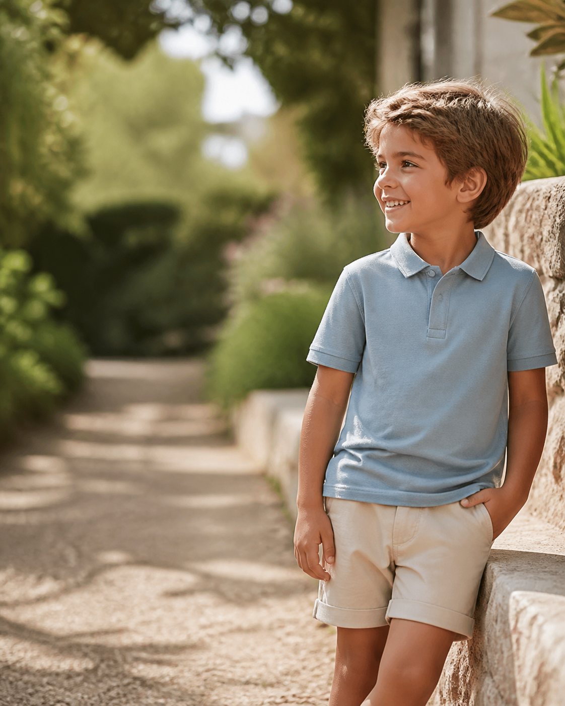 Niño con polo azul en jardín, imagen temporal de categoría Gremay