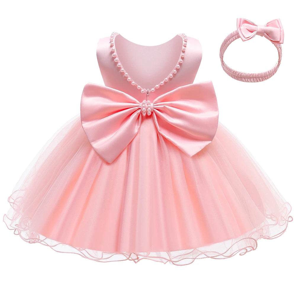 Vestido de Ceremonia para Bebé con Perlas y Gran Lazo