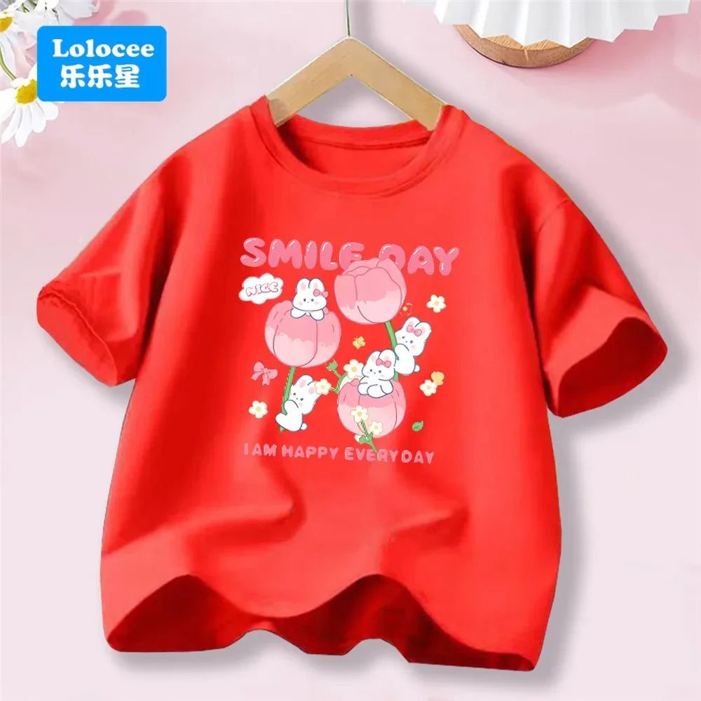 Camiseta Infantil de Algodón con Estampado de Flores y Conejo