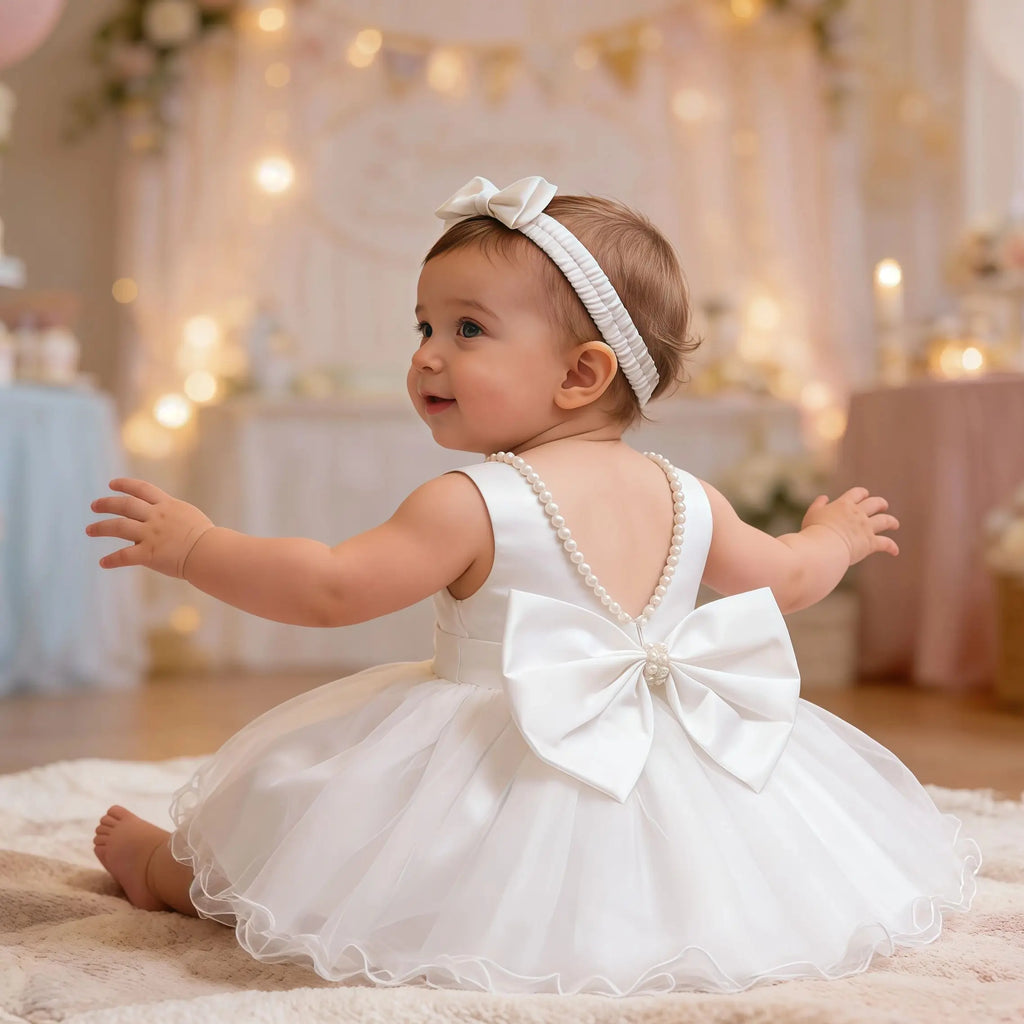 Vestido de Ceremonia para Bebé con Perlas y Gran Lazo