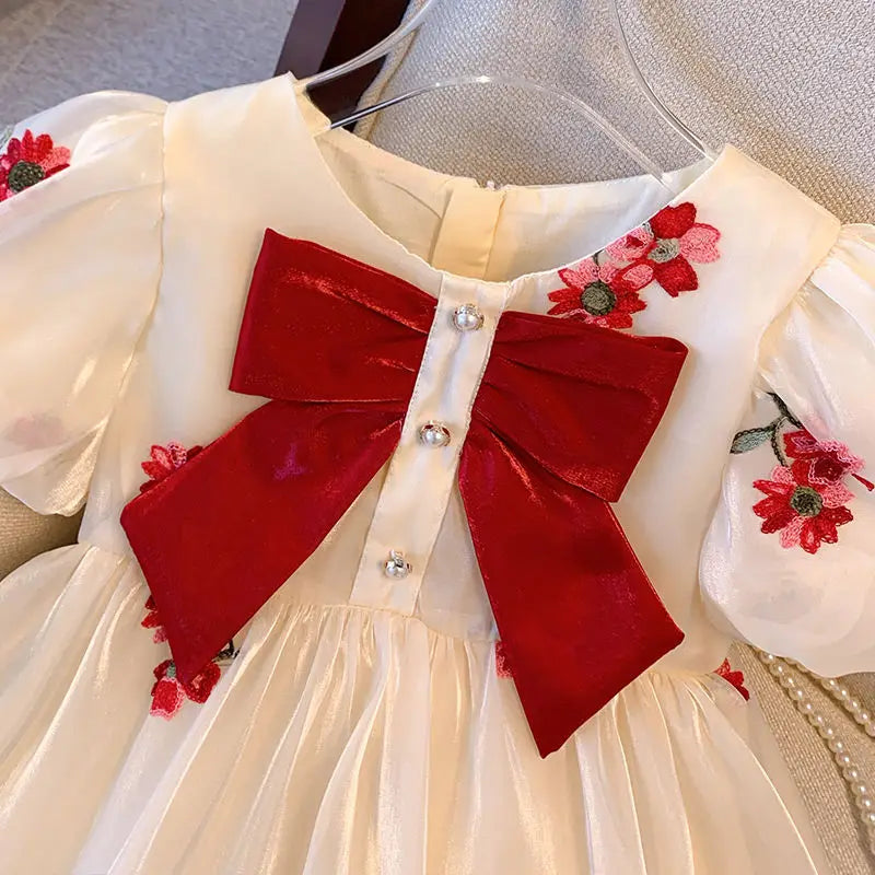 Puffed Sleeve Tulle Dress for Girls with Bow