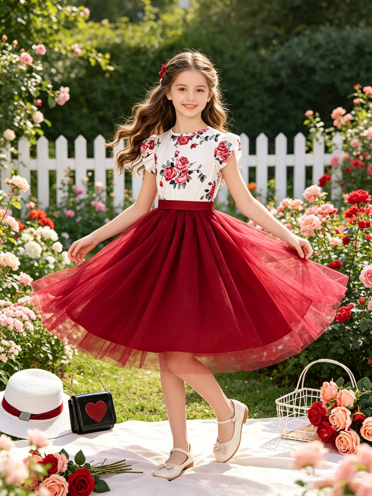 Vestido floral de verano con manga volante para niña