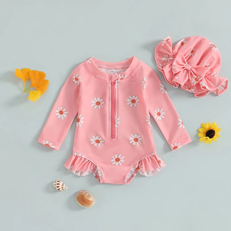 Maillot de bain à manches longues avec bonnet pour bébé fille