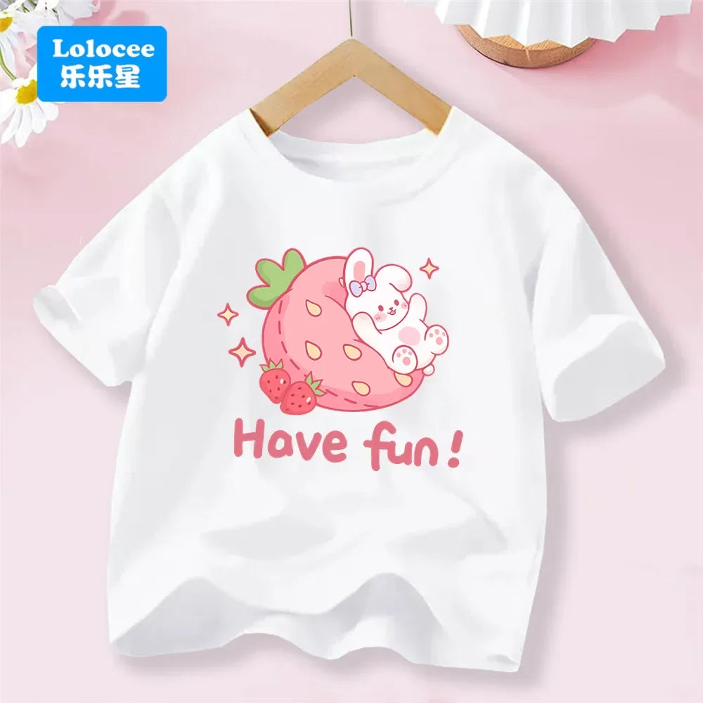 Camiseta Infantil de Algodón con Estampado de Flores y Conejo
