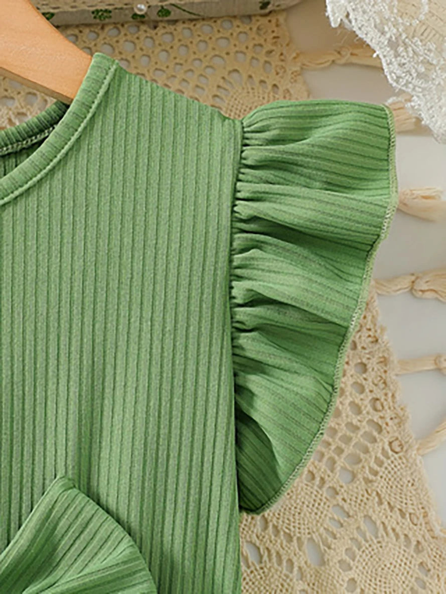 Girls' Green Floral Embroidered Princess Dress, Summer Flutter Sleeve Bowknot Tulle Skirt