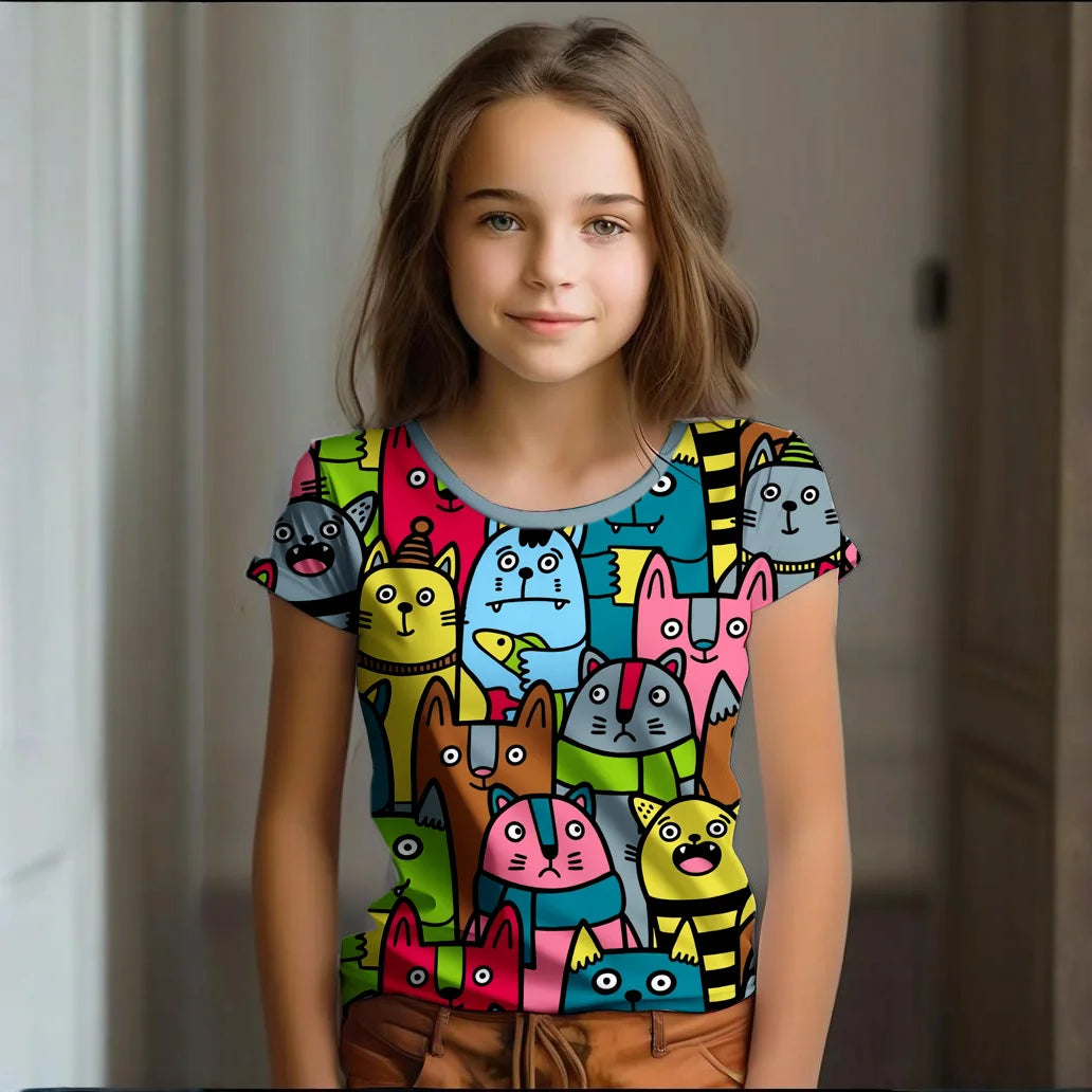 Camiseta Infantil de Manga Corta con Estampado de Gato