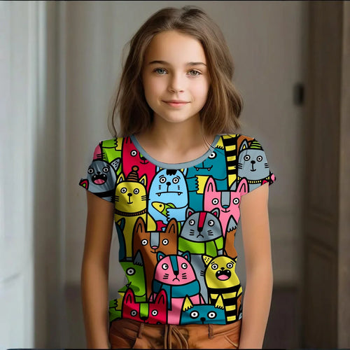 Camiseta Infantil de Manga Corta con Estampado de Gato