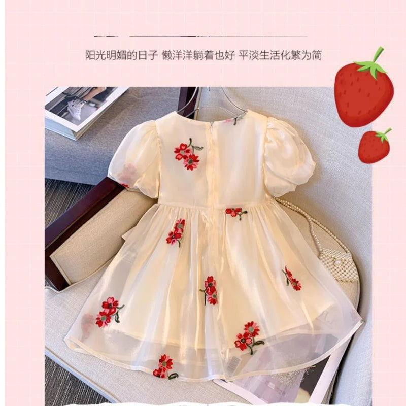 Puffed Sleeve Tulle Dress for Girls with Bow