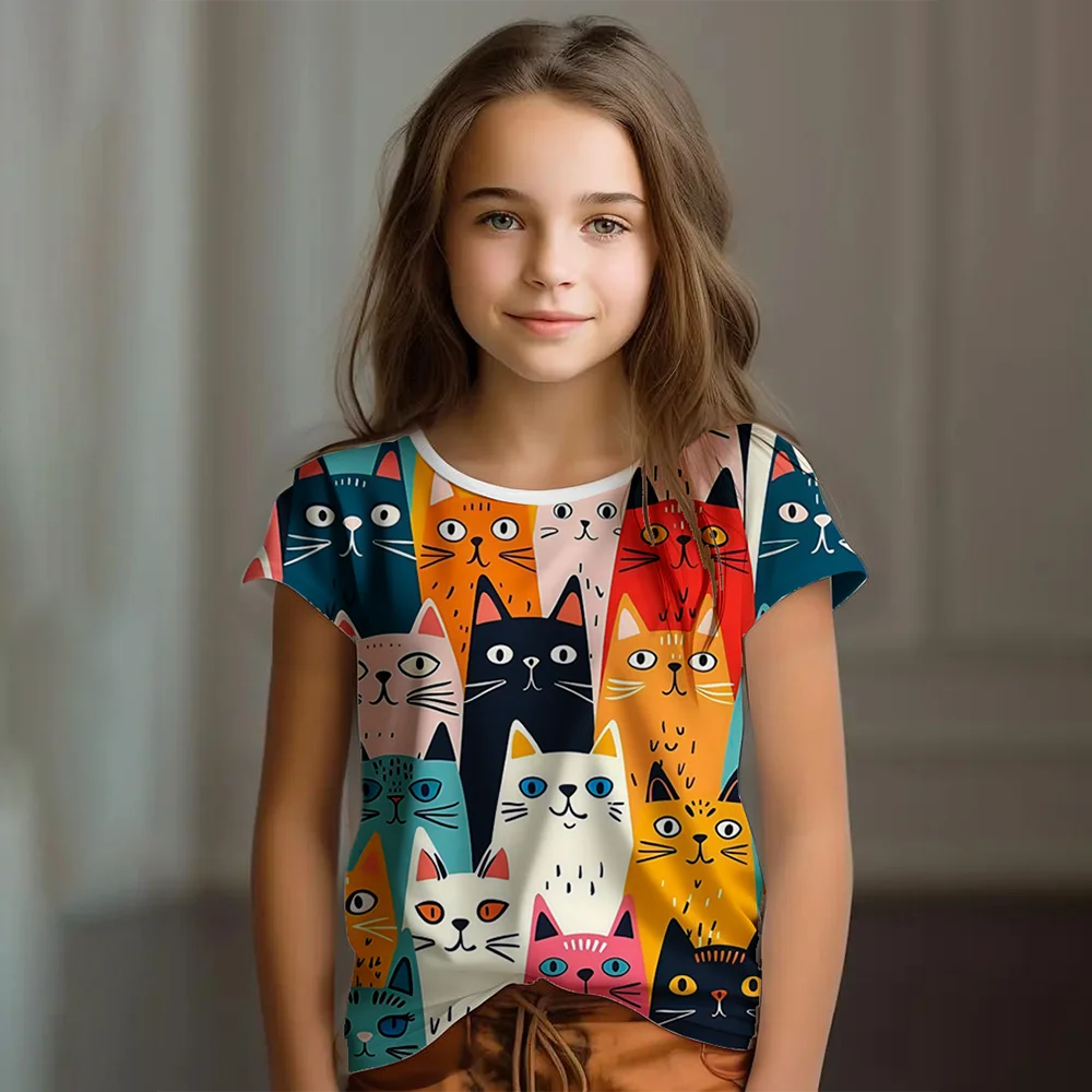 Camiseta infantil de manga corta con estampado de gato