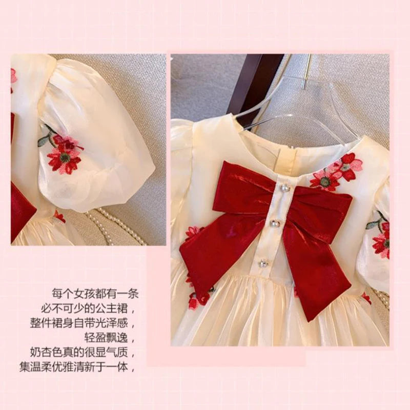Puffed Sleeve Tulle Dress for Girls with Bow