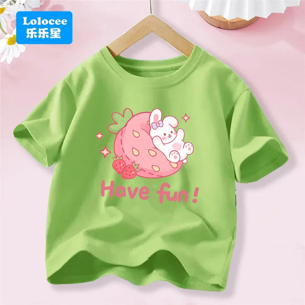 Camiseta Infantil de Algodón con Estampado de Flores y Conejo