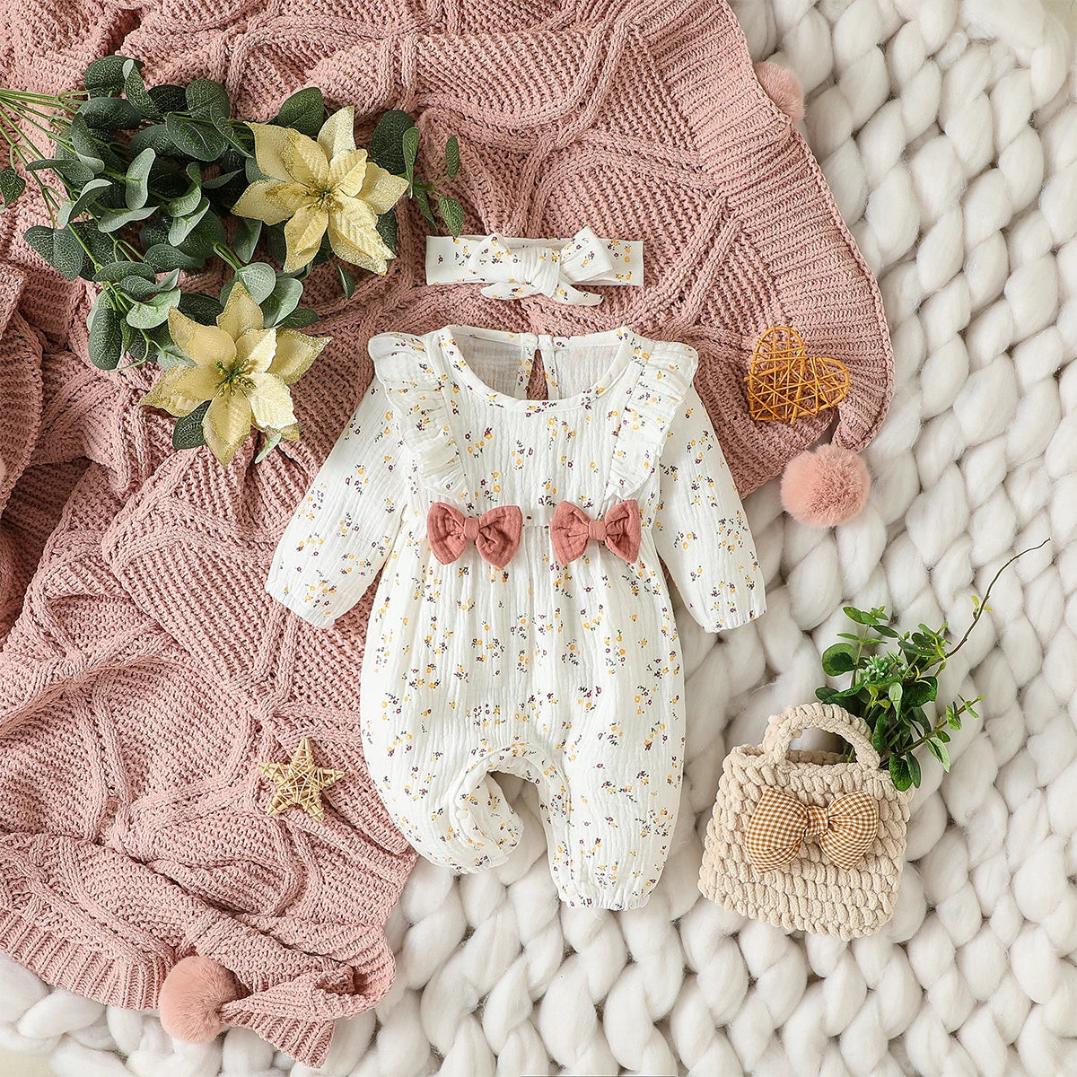 Pelele Floral de Manga Larga para Bebé Niña con Diadema