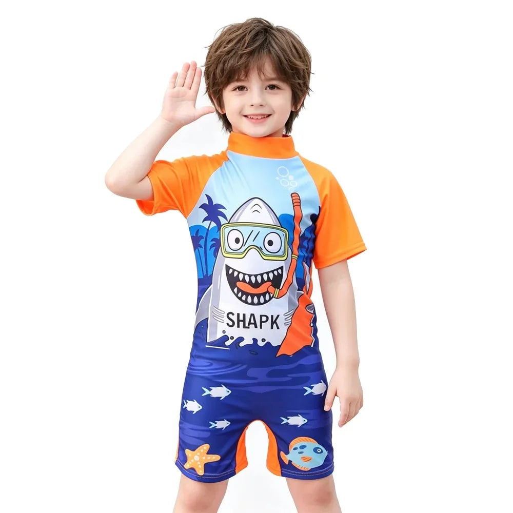 Traje de Baño Infantil con Estampado de Tiburón y Pingüino