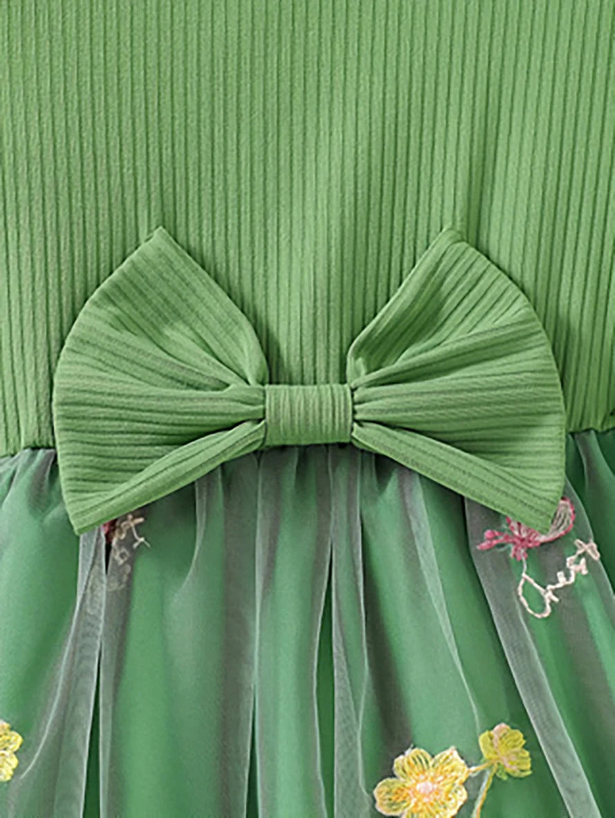 Robe de princesse brodée florale verte pour filles, jupe en tulle à nœud avec manches volantées d'été