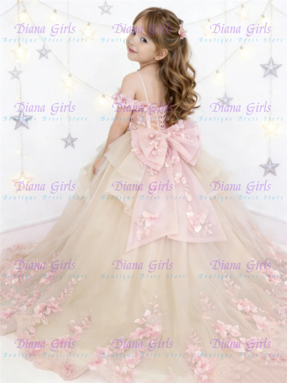 Vestido Largo de Princesa Infantil en Tul con Aplicaciones
