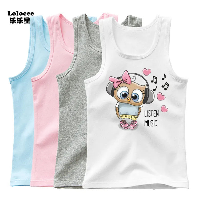 Camiseta de Algodón sin Mangas con Estampado de Búho para Niña