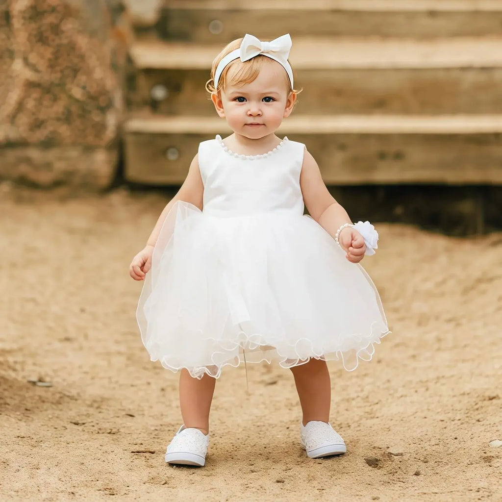 Vestido de Ceremonia para Bebé con Perlas y Gran Lazo