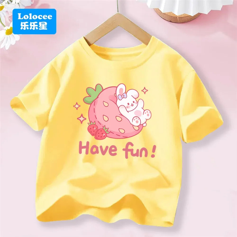 Camiseta Infantil de Algodón con Estampado de Flores y Conejo