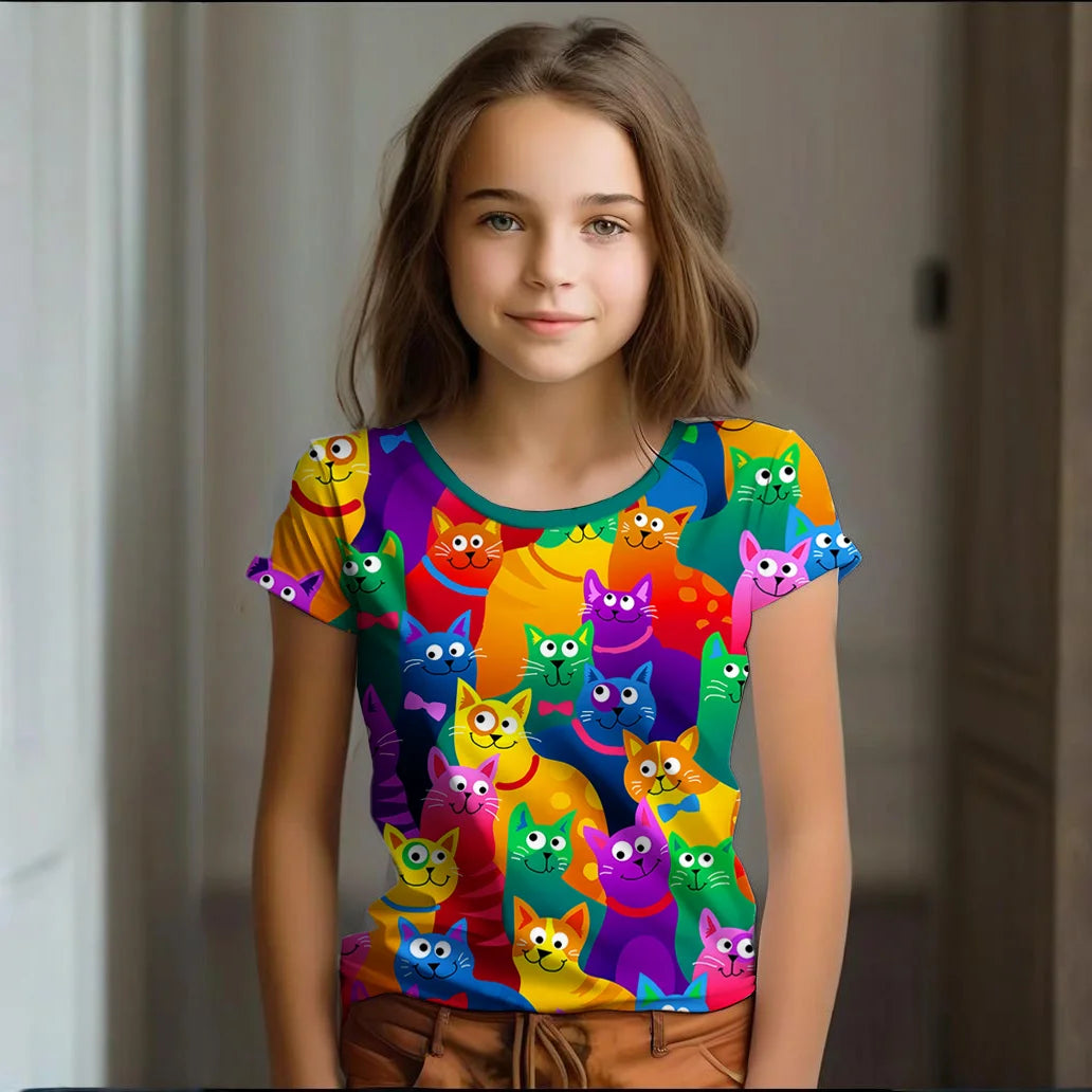 Camiseta Infantil de Manga Corta con Estampado de Gato