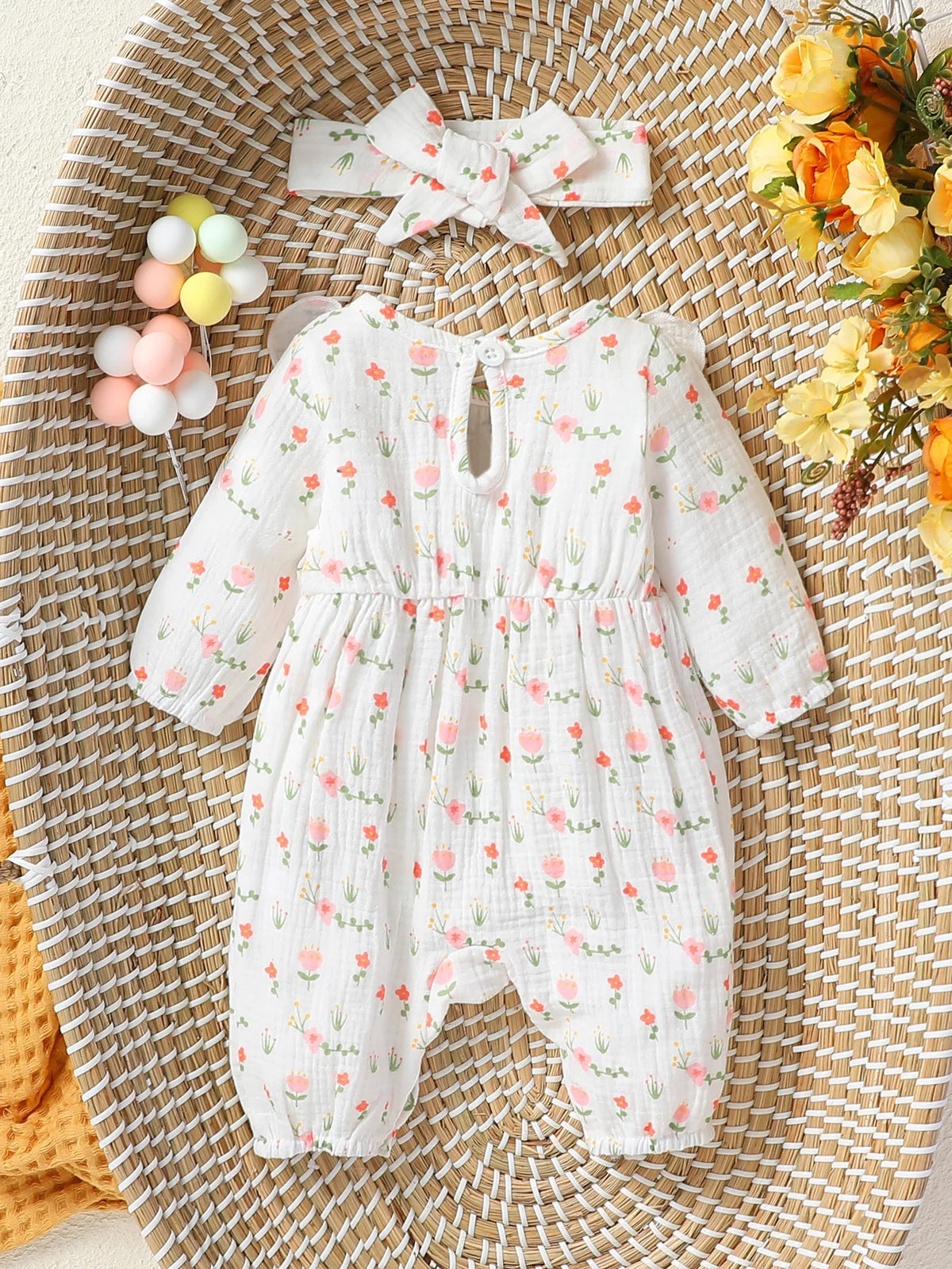 Pelele Floral de Manga Larga para Bebé Niña con Diadema
