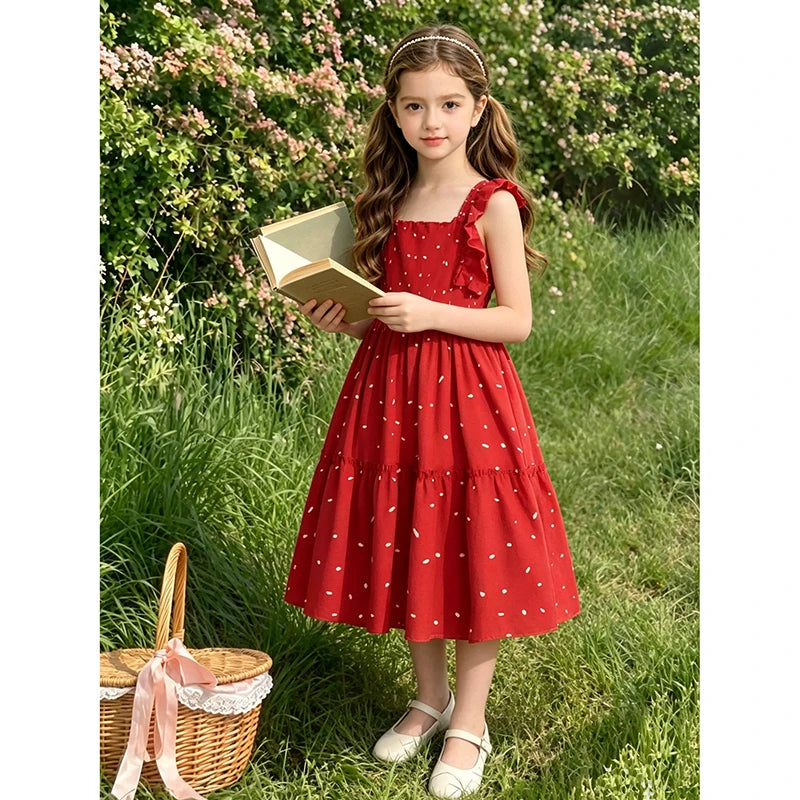 Vestido de verano de lunares con encaje para niña