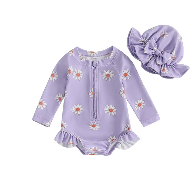 Traje de Baño de Manga Larga con Gorro para Bebé Niña