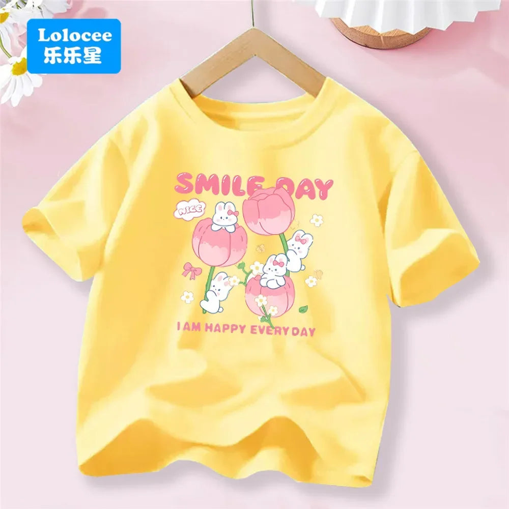Camiseta Infantil de Algodón con Estampado de Flores y Conejo
