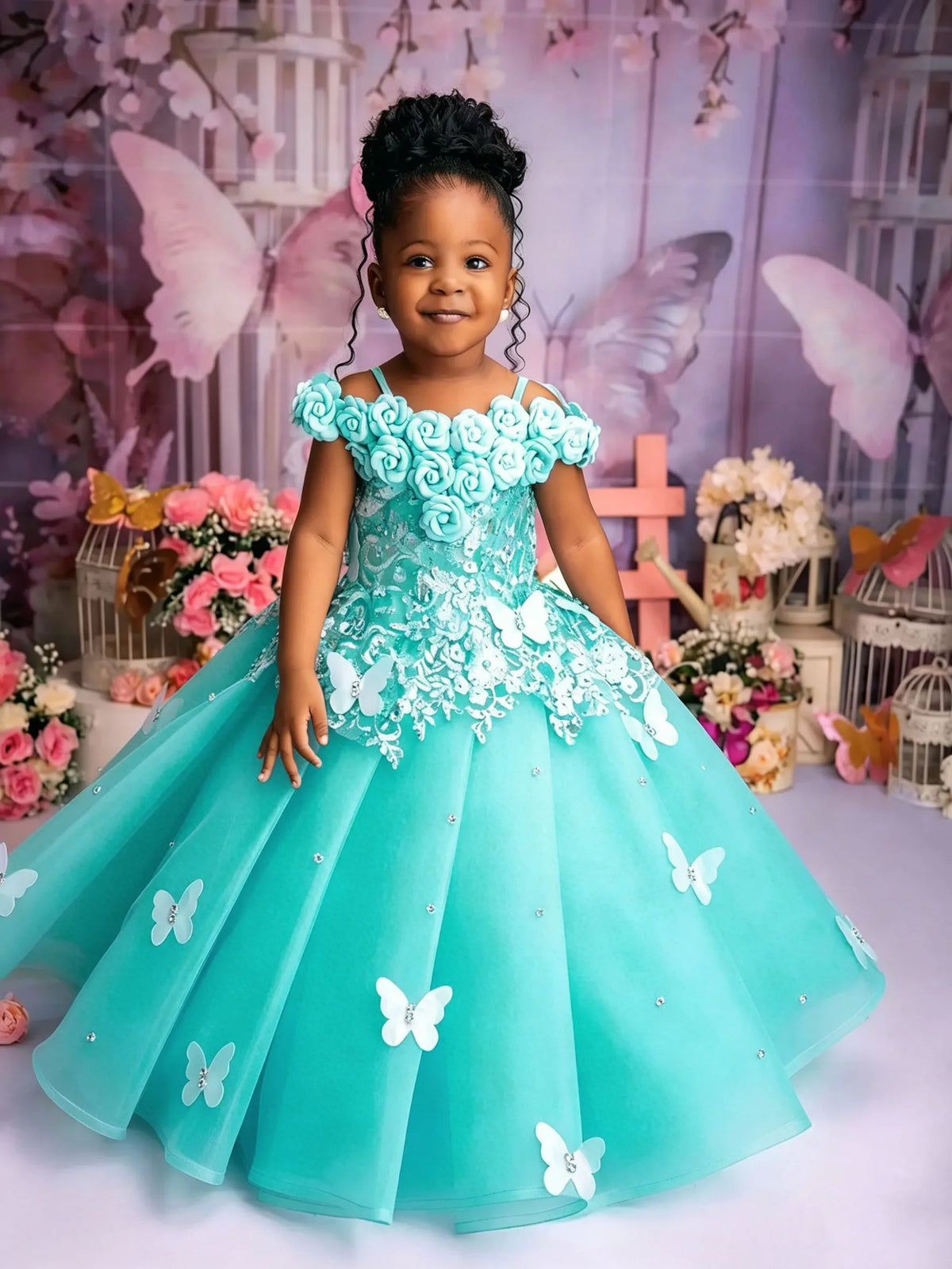 Vestido Largo de Ceremonia Infantil en Tul con Perlas y Encaje