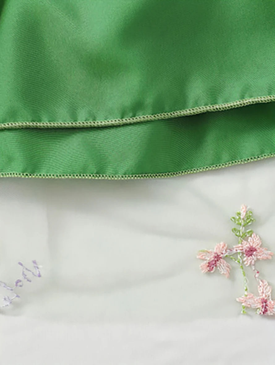 Girls' Green Floral Embroidered Princess Dress, Summer Flutter Sleeve Bowknot Tulle Skirt