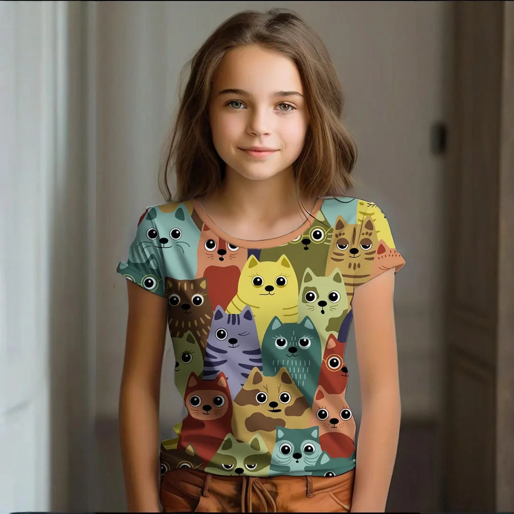 Camiseta Infantil de Manga Corta con Estampado de Gato