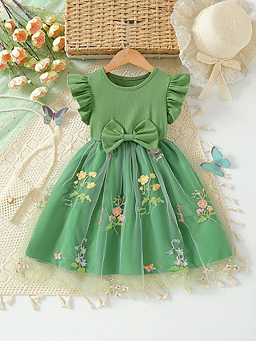 Girls' Green Floral Embroidered Princess Dress, Summer Flutter Sleeve Bowknot Tulle Skirt