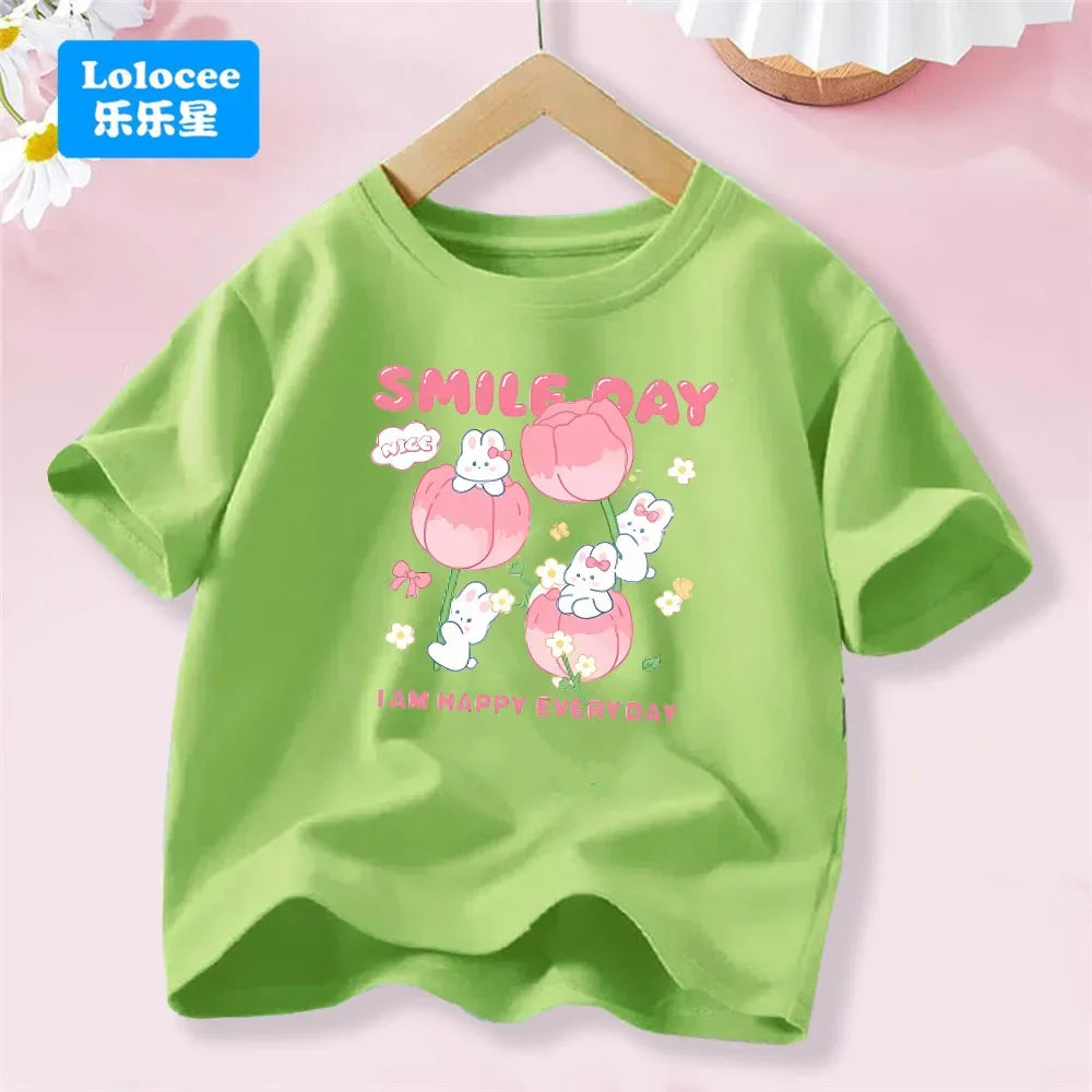 Camiseta Infantil de Algodón con Estampado de Flores y Conejo