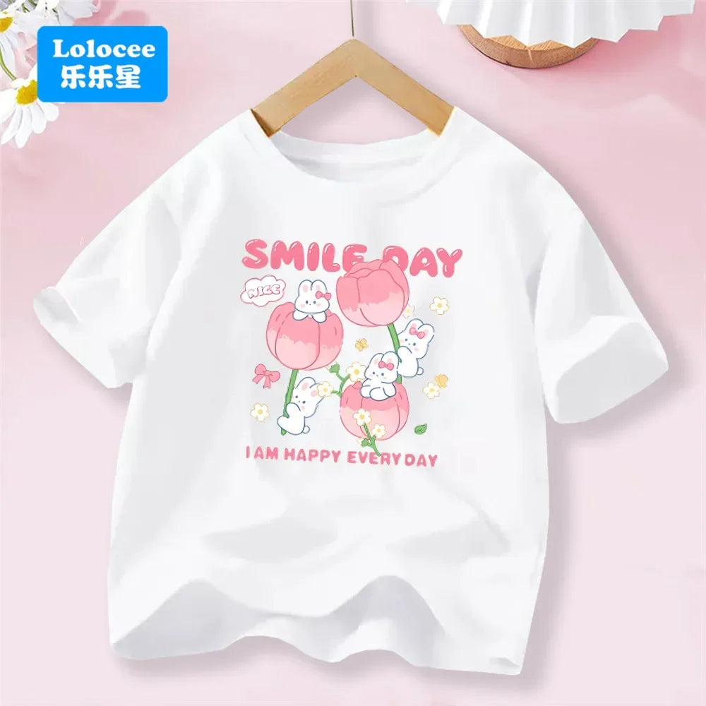 Camiseta Infantil de Algodón con Estampado de Flores y Conejo