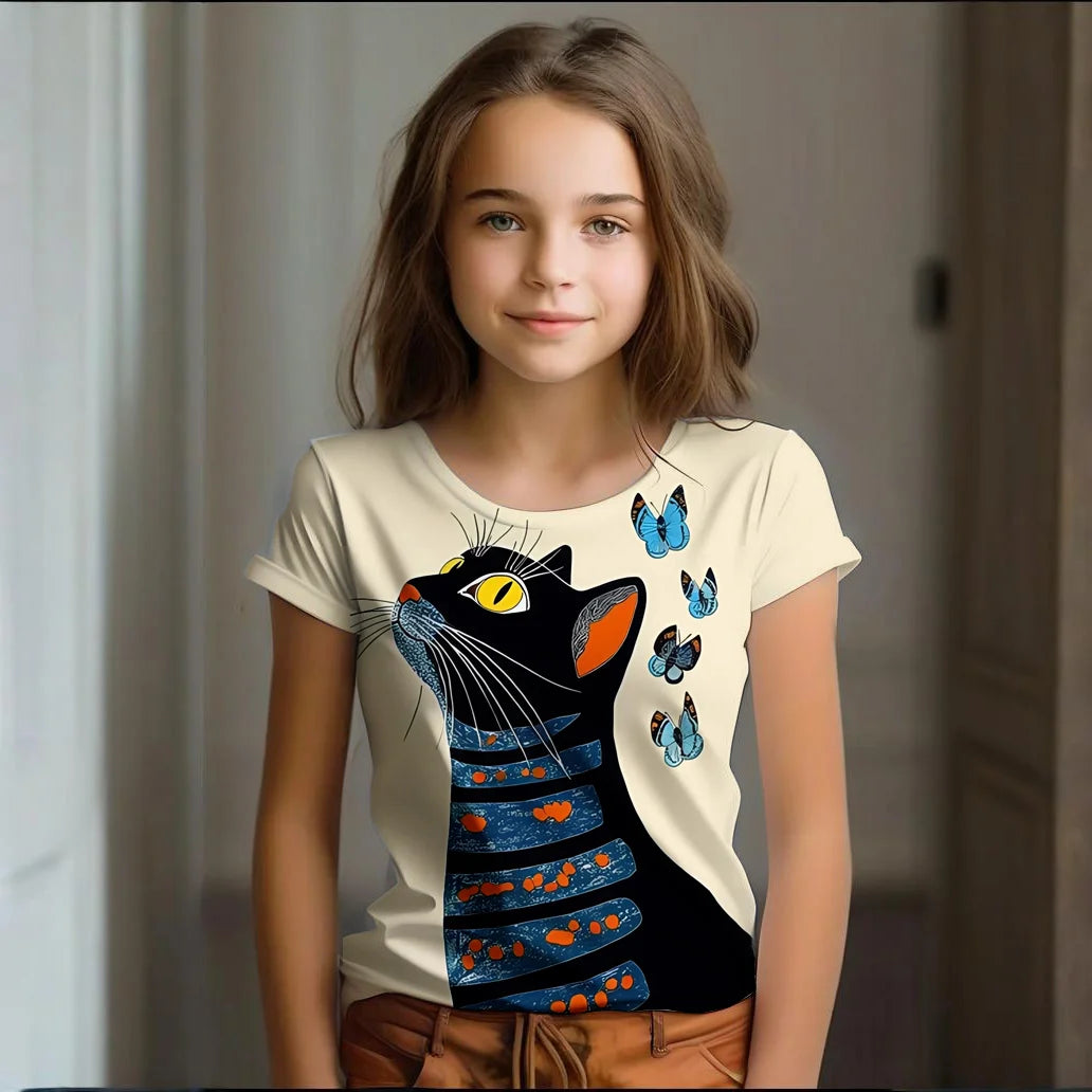 Camiseta Infantil de Manga Corta con Estampado de Gato