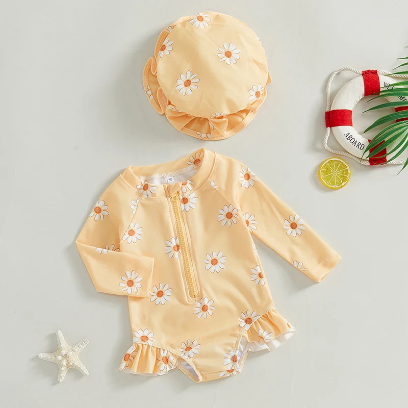 Maillot de bain à manches longues avec bonnet pour bébé fille