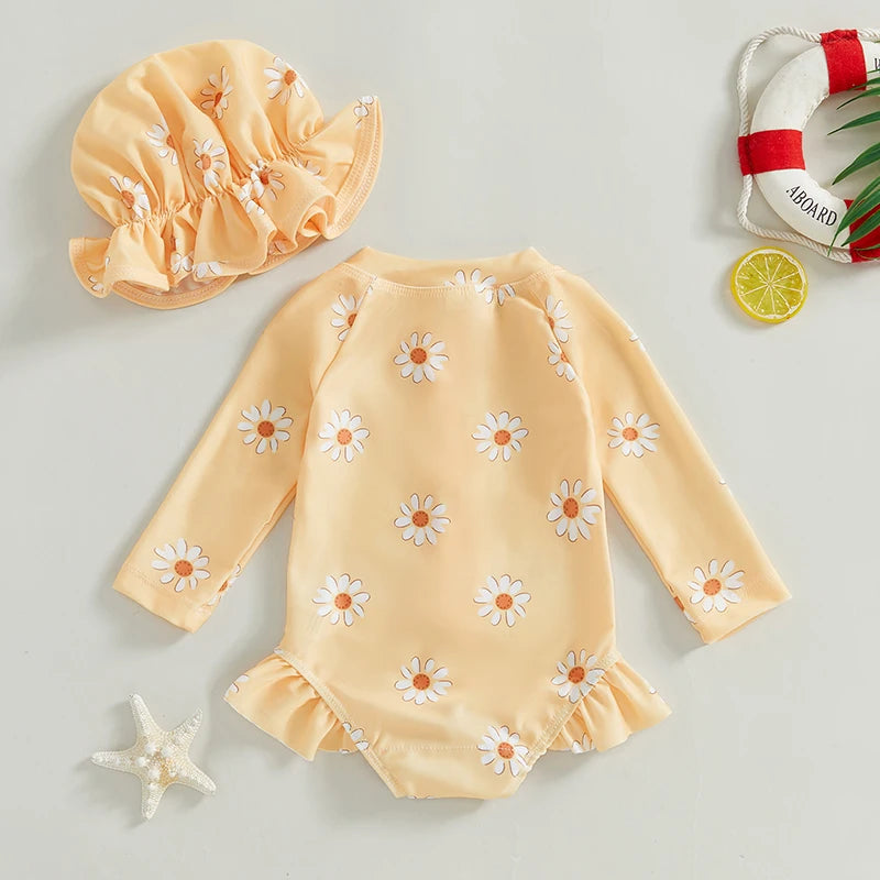 Maillot de bain à manches longues avec bonnet pour bébé fille