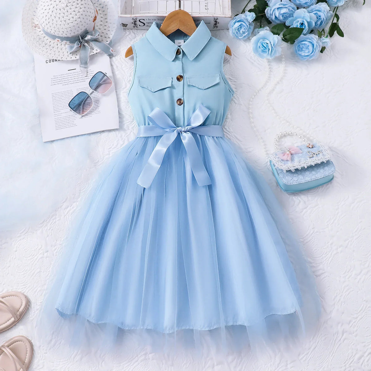 Vestido Infantil Casual de Línea A con Cuello Camisero
