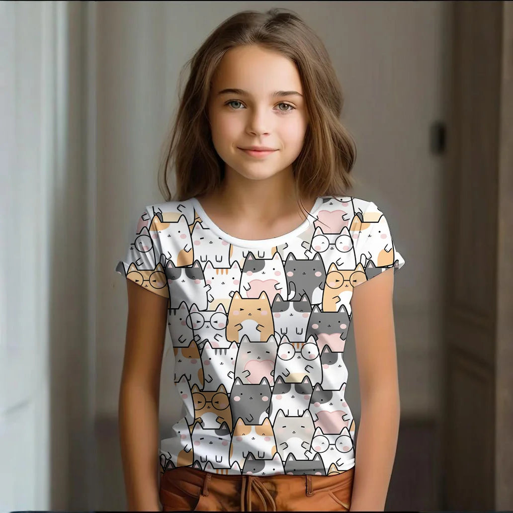 Camiseta Infantil de Manga Corta con Estampado de Gato