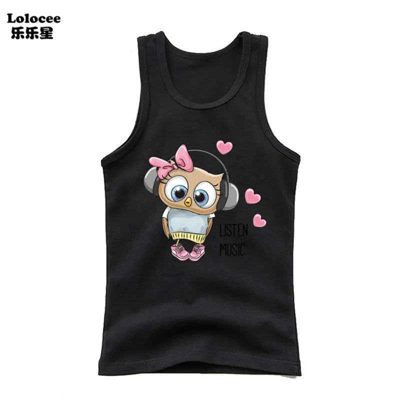 Camiseta de Algodón sin Mangas con Estampado de Búho para Niña