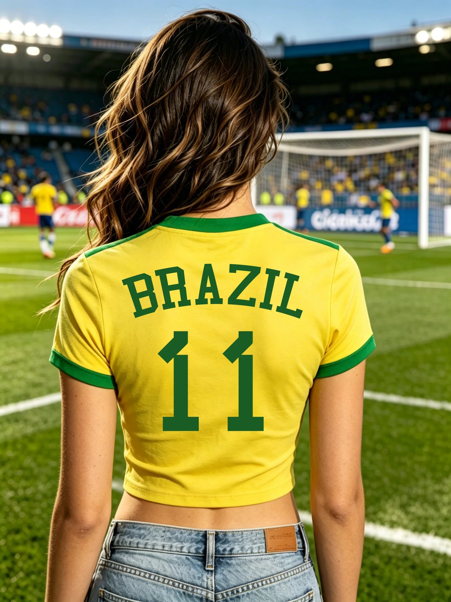 Women Summer Brazil Soccer Crop T-Shirt, Bold Letter & Number Graphic, Soft Casual Daily Tee