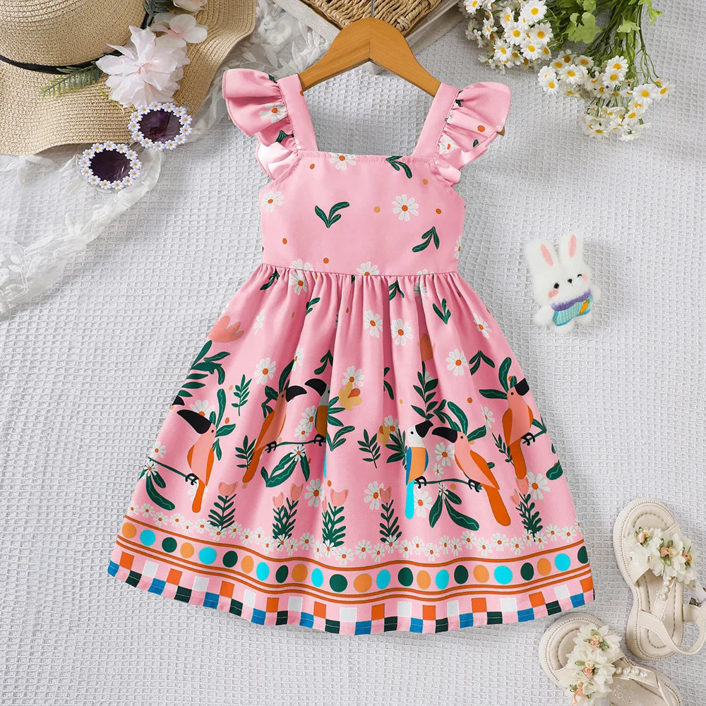 Girls' Botanical Print Summer Dress with Flutter Sleeves