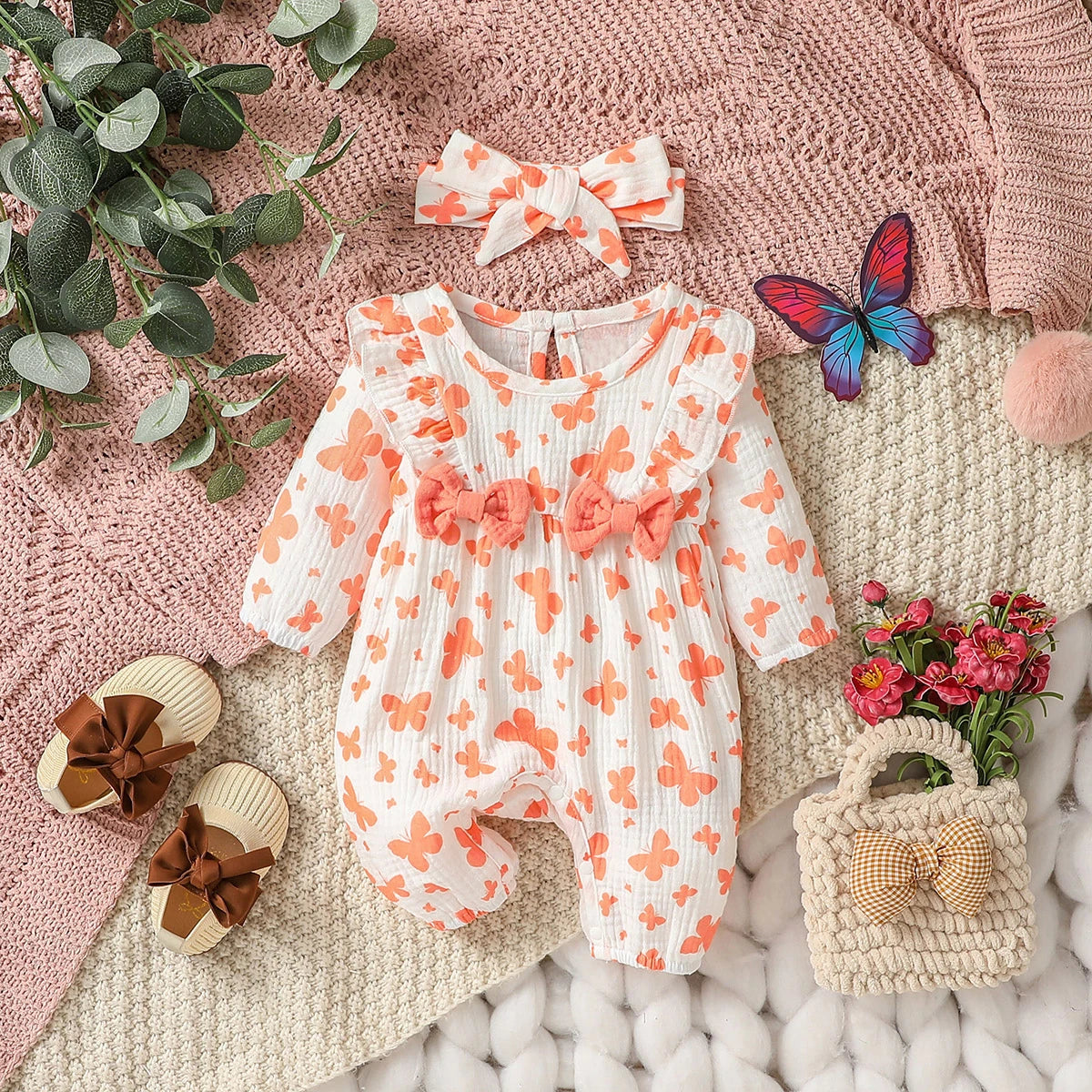 Pelele Floral de Manga Larga para Bebé Niña con Diadema