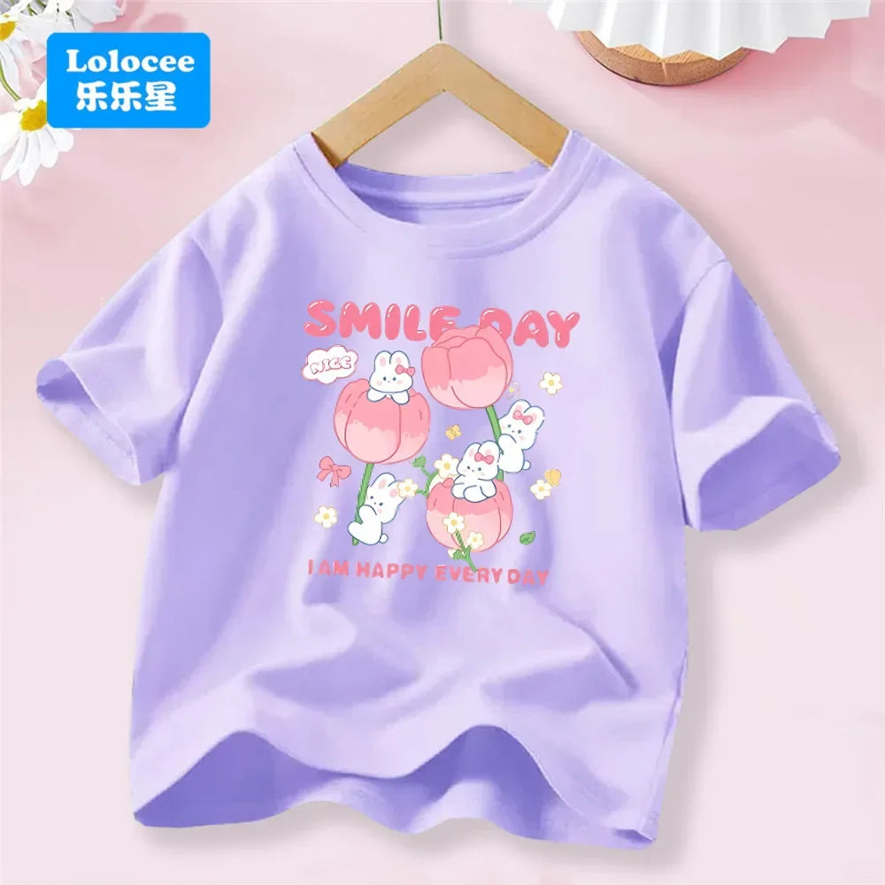 Camiseta Infantil de Algodón con Estampado de Flores y Conejo