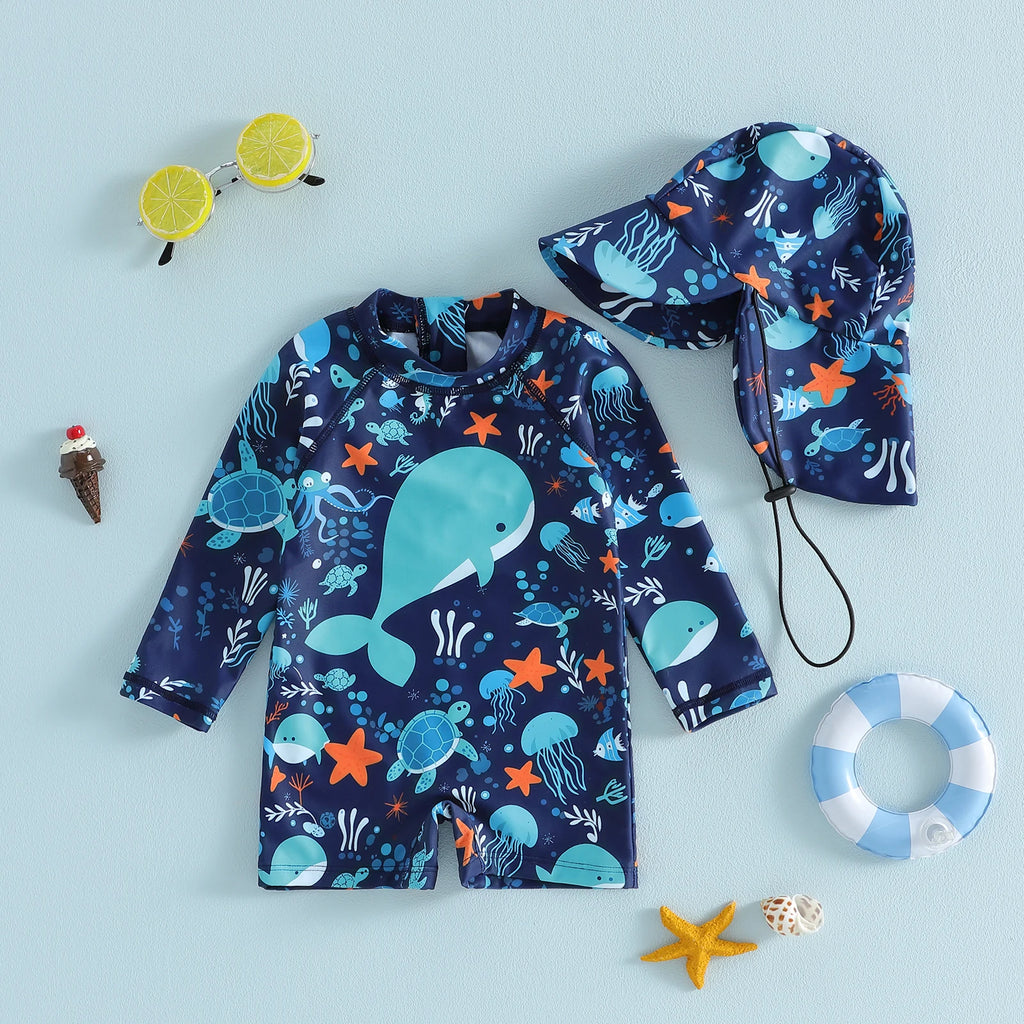 Maillot de bain à manches longues avec bonnet pour bébé garçon