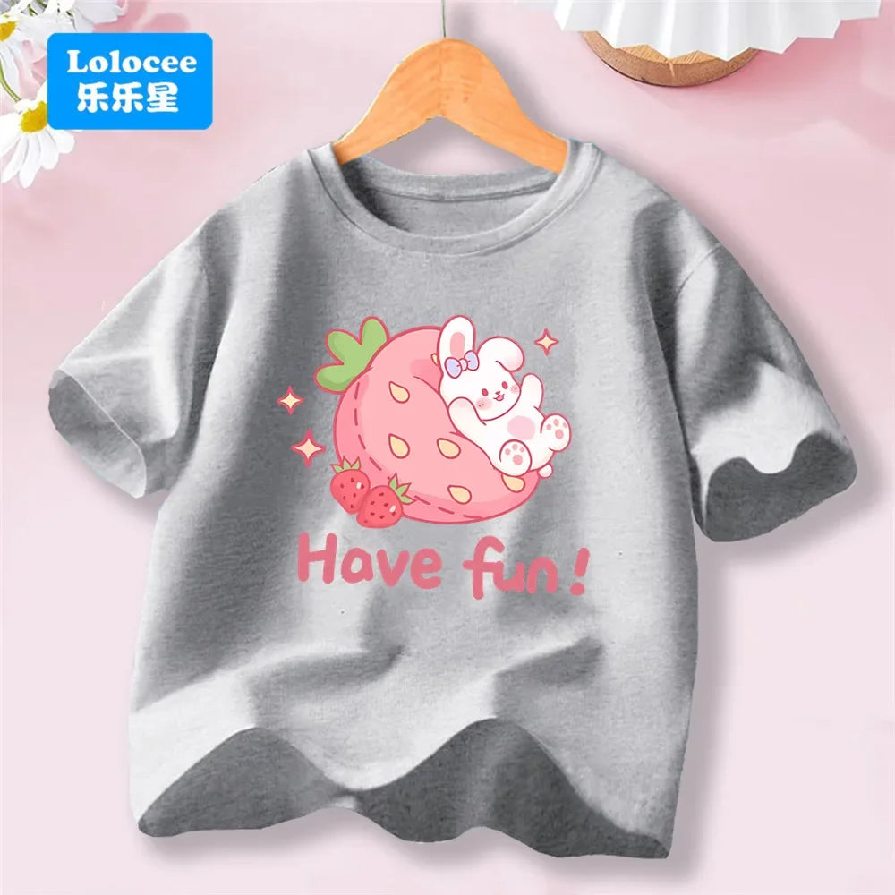 Camiseta Infantil de Algodón con Estampado de Flores y Conejo
