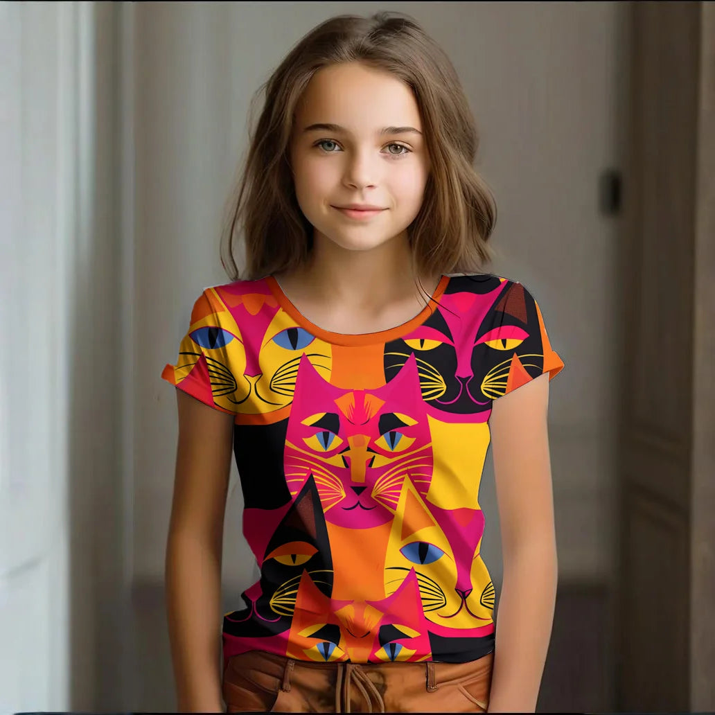 Camiseta Infantil de Manga Corta con Estampado de Gato