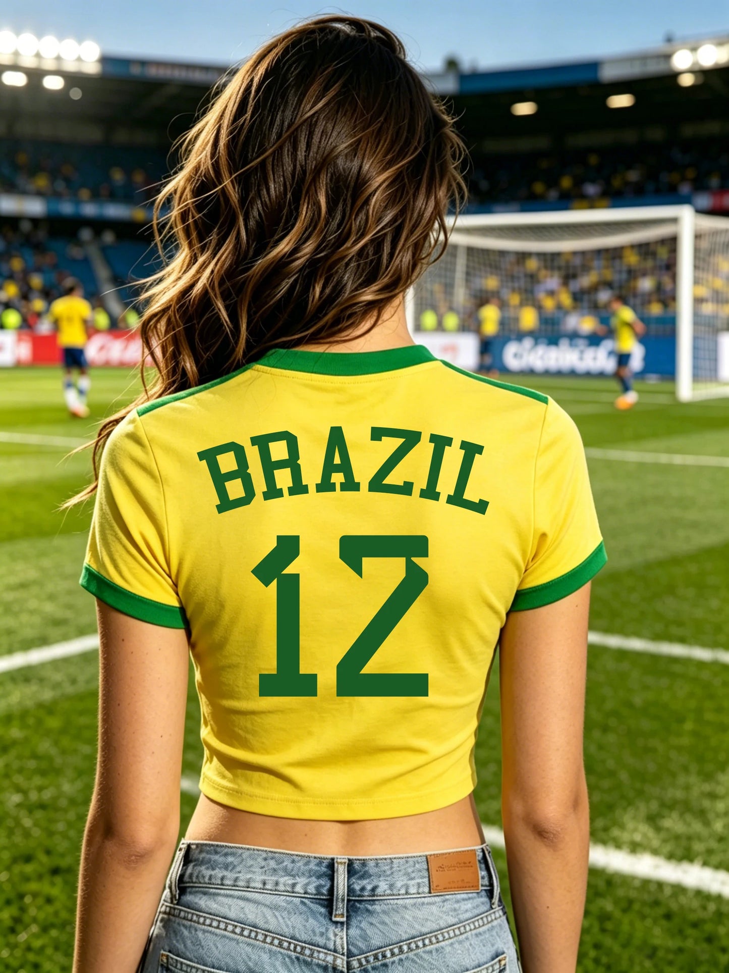 Women Summer Brazil Soccer Crop T-Shirt, Bold Letter & Number Graphic, Soft Casual Daily Tee