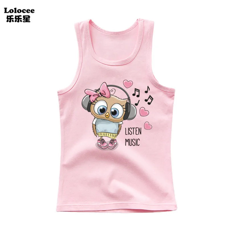 Camiseta de Algodón sin Mangas con Estampado de Búho para Niña