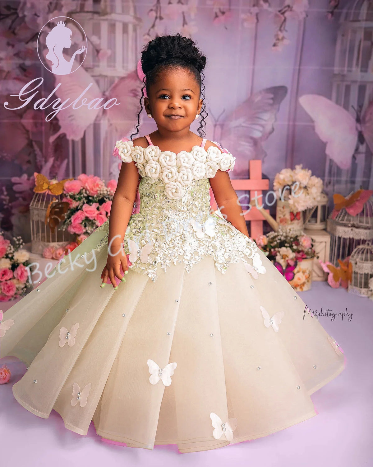 Vestido Largo de Ceremonia Infantil en Tul con Perlas y Encaje